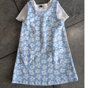Old Navy Girls Blue Floral Pinafore Dress with White Ribbed Tee Set Size4T‎